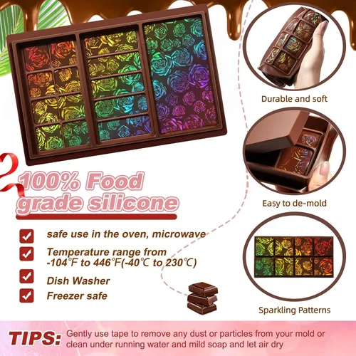 Vista 3 de Ziliny Molde holográfico de barra de chocolate rosa de silicona, barra de chocolate con efecto de luz arco iris, moldes profundos y gruesos