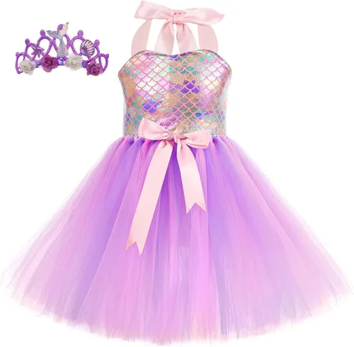 Tutu Dreams Mermaid Dress for Girls with Crown Birthday Halloween Party Gifts Dress Up Clothes