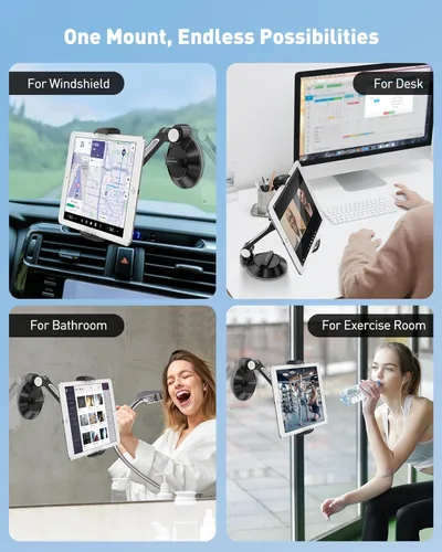 Vista 3 de AboveTEK Soporte de succión para iPad, soporte para tableta de teléfono con ventosa para tableta de 4 a 11 pulgadas, tableta, teléfono, iPad Negro