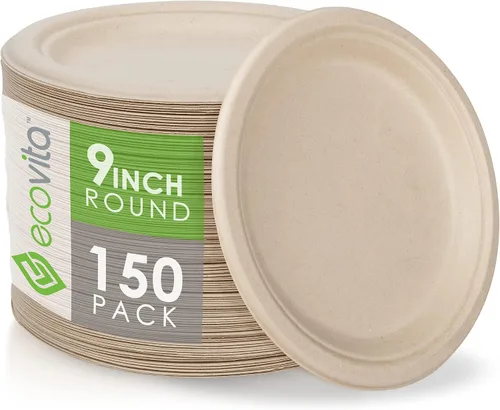 Ecovita Platos de papel 100 % compostables [9 pulgadas] – 150 platos desechables ecológicos, resistentes, libres de árboles, líquidos y resistentes