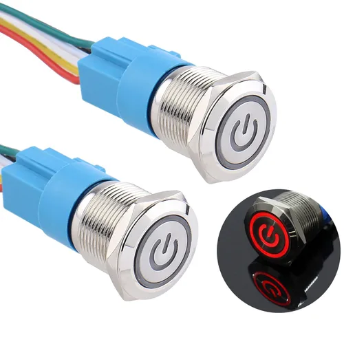 Vista 10 de 2 piezas de interruptor de botón de metal de cierre de 16 mm, 12V-24V, encendido/apagado, 1NO 1NC, impermeable, autoblocante, carcasa plateada