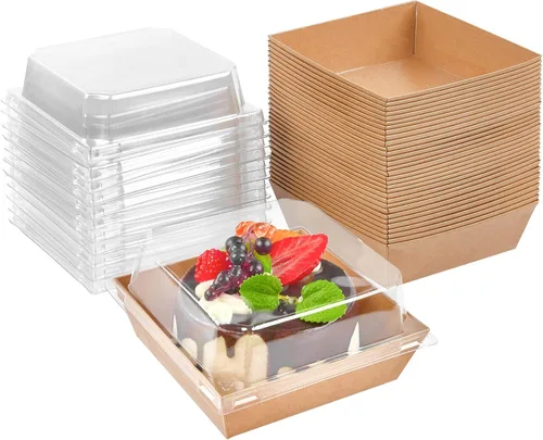 Kucoele Paquete de 50 cajas pequeñas de embutidos con tapas transparentes, cajas de papel de 4 pulgadas para panadería, cajas de postre desechables