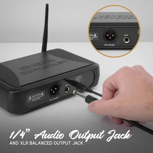 Vista 3 de Pyle Sistema de micrófono inalámbrico UHF - Juego de micrófono inalámbrico dinámico profesional, micrófono y receptor de mano, adaptador