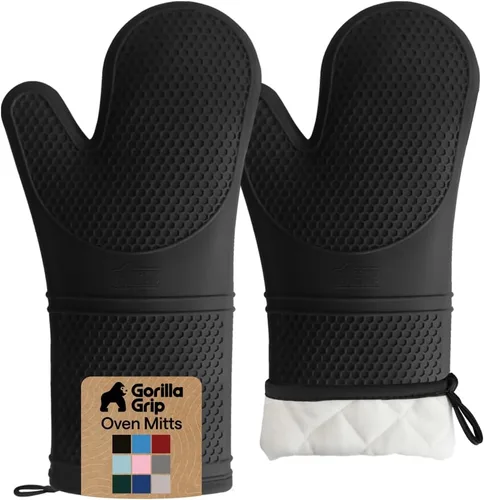 Vista 19 de GORILLA GRIP Guantes de horno de silicona suave sin BPA, resistentes al calor e impermeables, guantes de seguridad para cocinar, forro de algodón