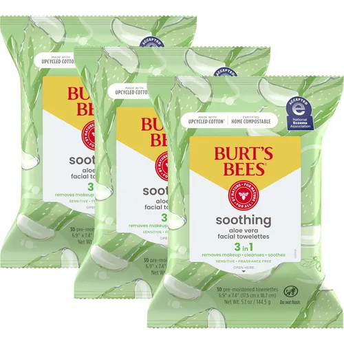 Burt's Bees Toallitas faciales de aloe vera, para piel sensible, removedor de maquillaje calmante y toallitas de limpieza facial, 30 unidades