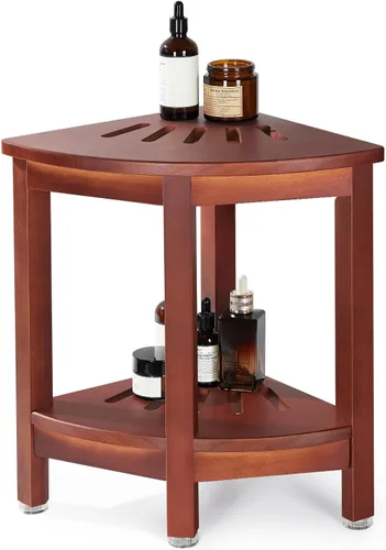 Banco de ducha esquinero con estante, taburete de ducha esquinero de 16.5 pulgadas de alto para afeitarse las piernas, banco de baño impermeable