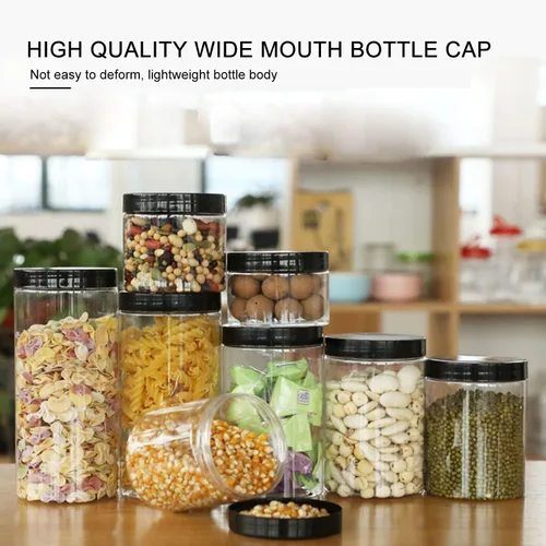 Vista 4 de Tarros de plástico de 8 onzas con tapas, 36 tarros de plástico transparente sin BPA con tapas herméticas negras, pequeños frascos de alimentos