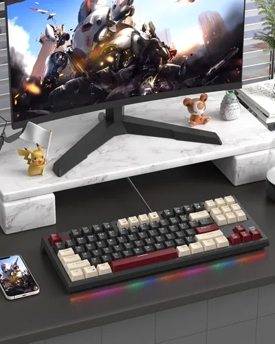 Vista 6 de Teclado mecánico compacto 80% para juegos, teclado tkl con cable con interruptores amarillos, teclado ergonómico de estilo retro
