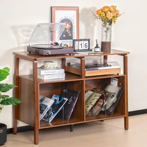 Mxtxmy Soporte grande para tocadiscos, mesa giratoria de mediados de siglo con almacenamiento abierto con capacidad para hasta 300 álbumes, estante