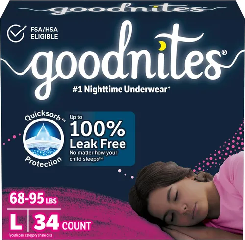 Vista 22 de Goodnites Ropa interior nocturna para niñas, talla extra pequeña (28-43 libras), 15 unidades, el embalaje puede variar