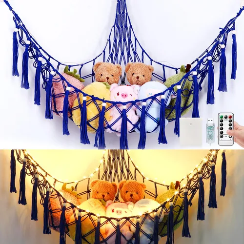 Hamaca de animales de peluche, hamaca de macramé de almacenamiento de 55 pulgadas con 75 LED, red colgante para dormitorio de niños, organizador de