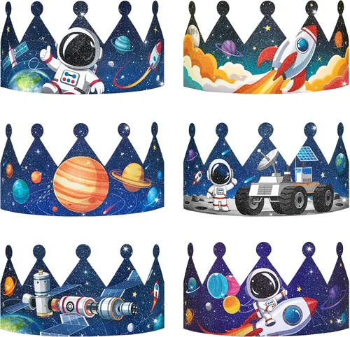 Vista 12 de WERNNSAI 12 coronas de fiesta de cumpleaños para niños, coronas de papel Alien