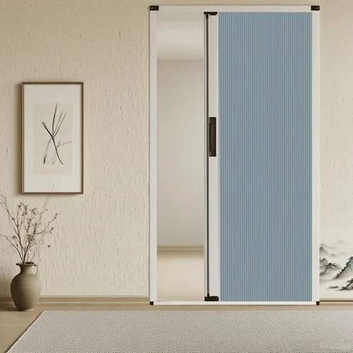 Multifunctional Interior Accordion Folding Door, Aluminum Frame Room Divider, No-Drill Design for Patio, Bedroom, Bathroom, Cellular Fabric Mesh,