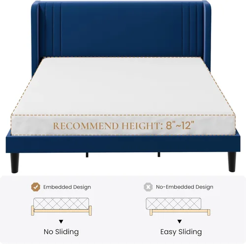 Vista 74 de SHA CERLIN Base de cama tapizada de terciopelo de tamaño matrimonial con cabecera de ala capitonada de canal vertical, soporte de listones
