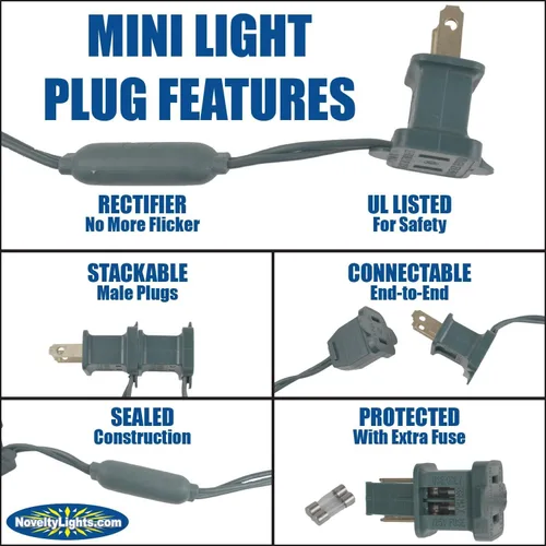 Vista 4 de Novelty Lights Juego de mini luces LED C6 de 100 luces LED, cadena de luces de grado comercial para exteriores, azul, cable verde, 50 pies