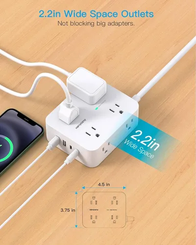Vista 5 de Tiras de enchufes con protección contra sobretensiones - HANYCONY 8 salidas amplias con 4 puertos USB (2 USB C), extensor de enchufe de 3 lados