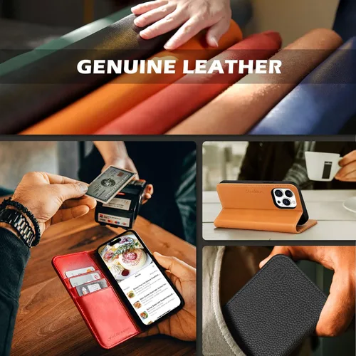 Vista 9 de SHIELDON Funda para iPhone 14 Pro Max 5G de 6.7 pulgadas, funda de cuero genuino tipo cartera con tapa con bloqueo RFID, ranuras para tarjetas, Negro