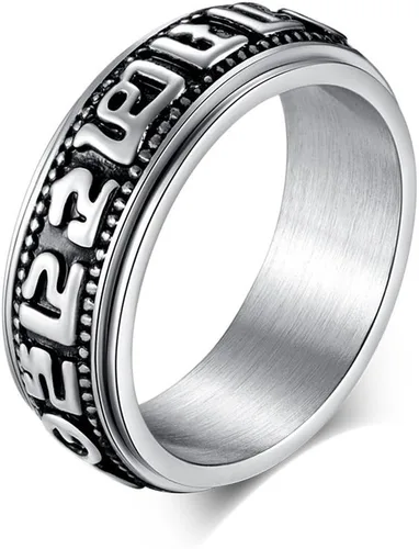 JAJAFOOK Anillo giratorio de acero inoxidable tibetano con seis sílabas auténticas mantra sánscrito Om Mani Padme Hum