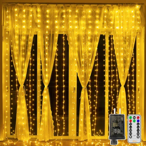 Vista 13 de Ollny Luces de Cortina 300LED 9.8ftx9.8ft, Conectables IP67 Impermeables para Exteriores con Control Remoto, Luces de Hadas Enchufables Sin Enredos