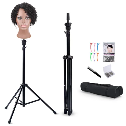 Vista 12 de Klvied Soporte para peluca con trípode ajustable, soporte para cabeza de maniquí con panel para pies, cabeza de peluca de metal reforzada