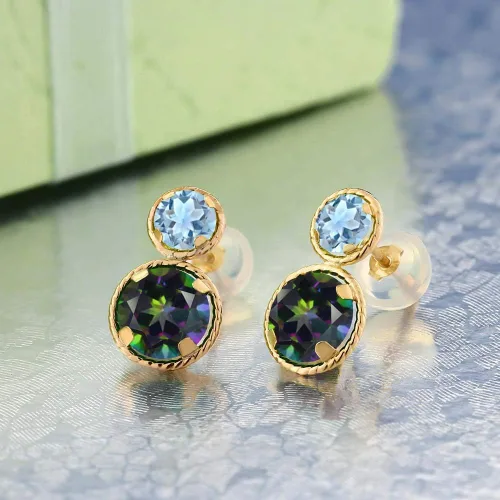 Vista 2 de Pendientes de oro amarillo de 14 quilates con topacio místico verde y aguamarina de 244 quilates