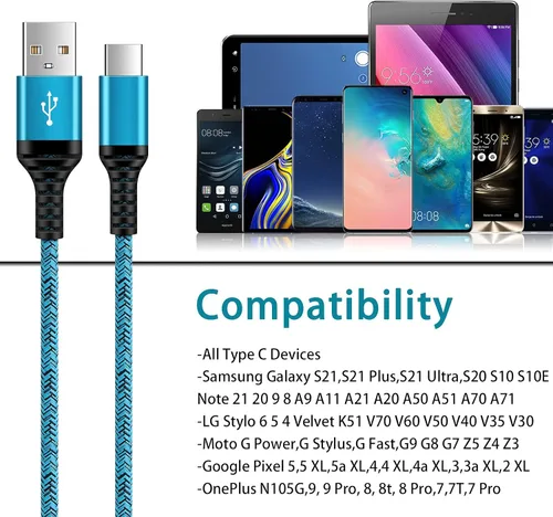 Vista 7 de Cable USB C de carga rápida tipo C de 6 pies, paquete de 5 cables de carga de nailon para Samsung Galaxy A17 A16 5G A12 A32 A52 S23 S22 S21 A14 A13