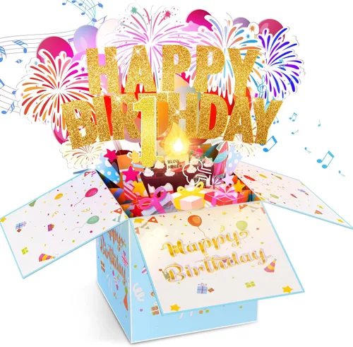 Tnvee Tarjetas de Cumpleaños de 1er Año con Luces y Música y Vela, Tarjetas de Felicitación 3D Emergentes que Canta Feliz Cumpleaños, Regalos para