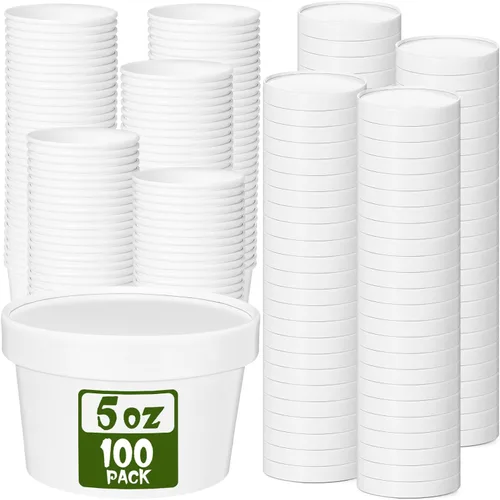 Vista 23 de Fulmoon Paquete de 100 recipientes de papel para sopa con tapas, recipientes de papel desechables para alimentos con tapa ventilada, tazas de postre