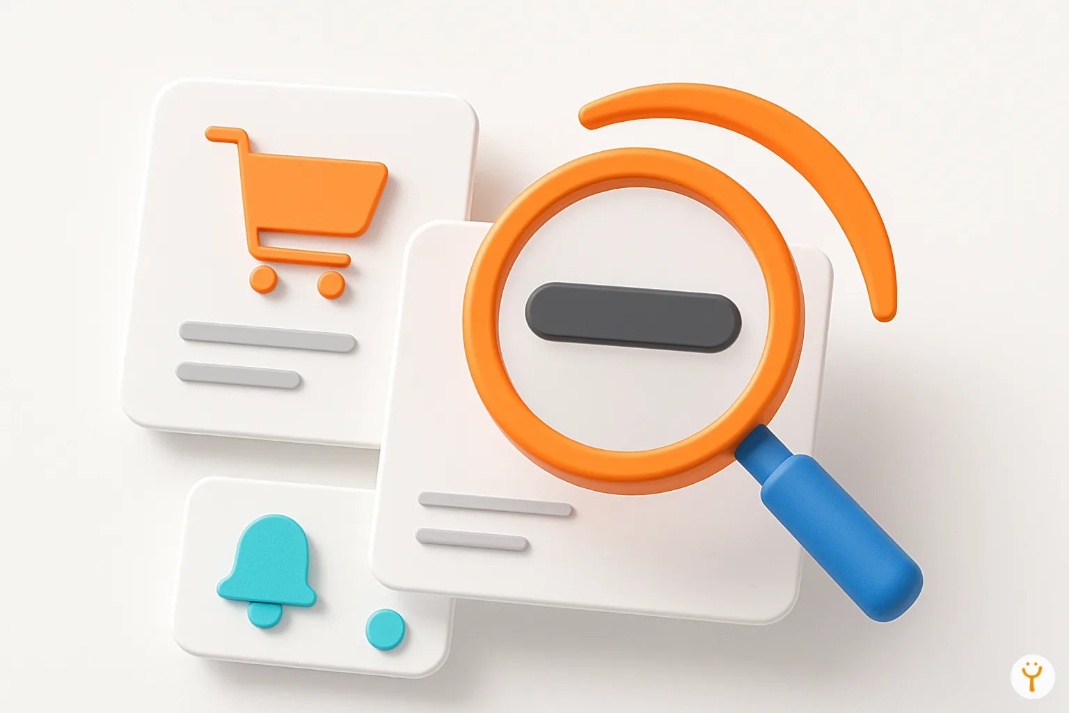 Composición 3D minimalista representando resultados de búsqueda rápidos en una plataforma de e-commerce